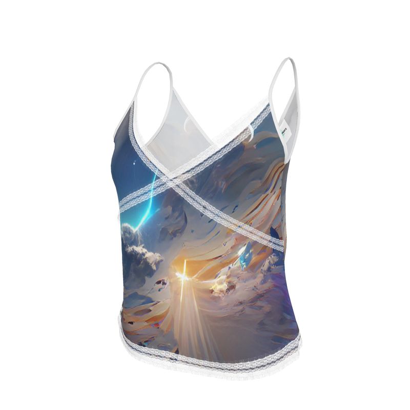 The First Day Of The Heavens - White & Grey V-Neck Front And Back Eyelash Lace Trim Cami