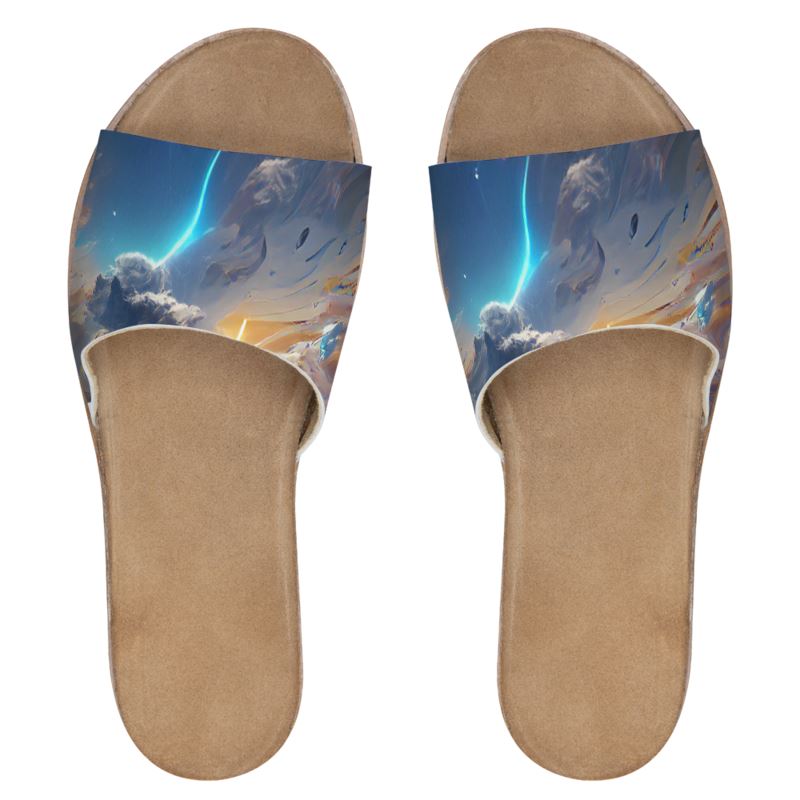 The First Day Of The Heavens - White & Grey Leather Band, Cork & Rubber Sole, Leather Suedette Insole, Women's Leather Sliders