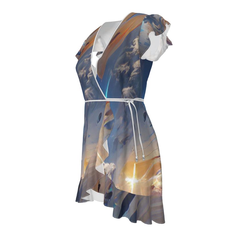 The First Day Of The Heavens - White & Grey Flounce Hem & Armholes, Waist Tie, Wrap Design, Fashion Crepe Or Smooth Crepe Tea Dress