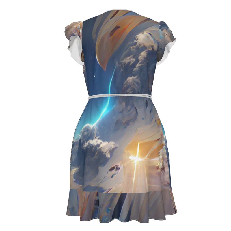 The First Day Of The Heavens - White & Grey Flounce Hem & Armholes, Waist Tie, Wrap Design, Fashion Crepe Or Smooth Crepe Tea Dress