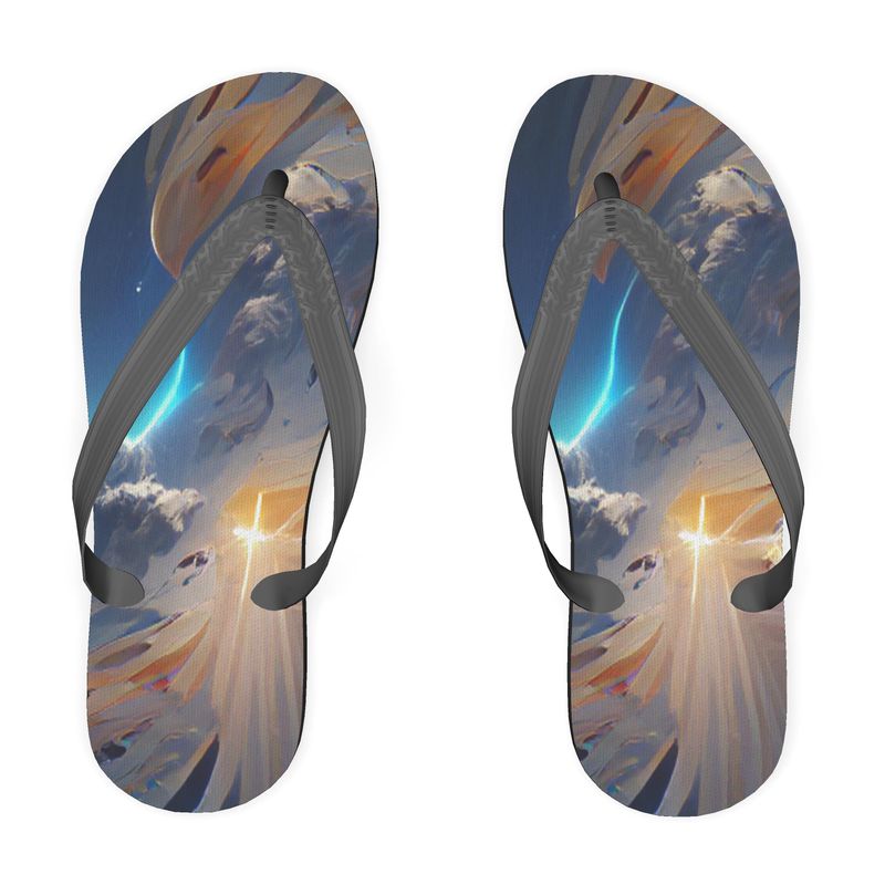 The First Day Of The Heavens - White & Grey Plastic Straps, Covered With Poly-Satin, Sturdy Foam Base Flip Flops