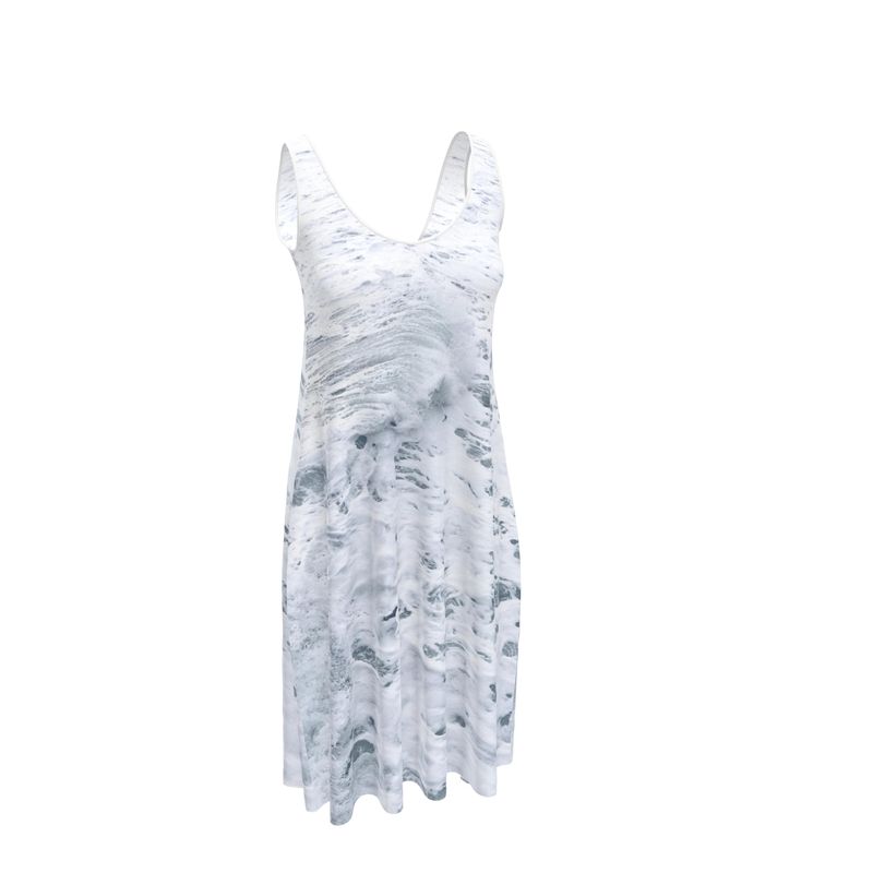 Ocean Sea - White & Grey Sleeveless Cut, Relaxed Fit, Midi Length, Lowcut Back Sleeveless Midi Dress