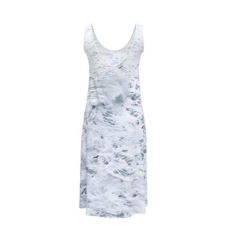 Ocean Sea - White & Grey Sleeveless Cut, Relaxed Fit, Midi Length, Lowcut Back Sleeveless Midi Dress