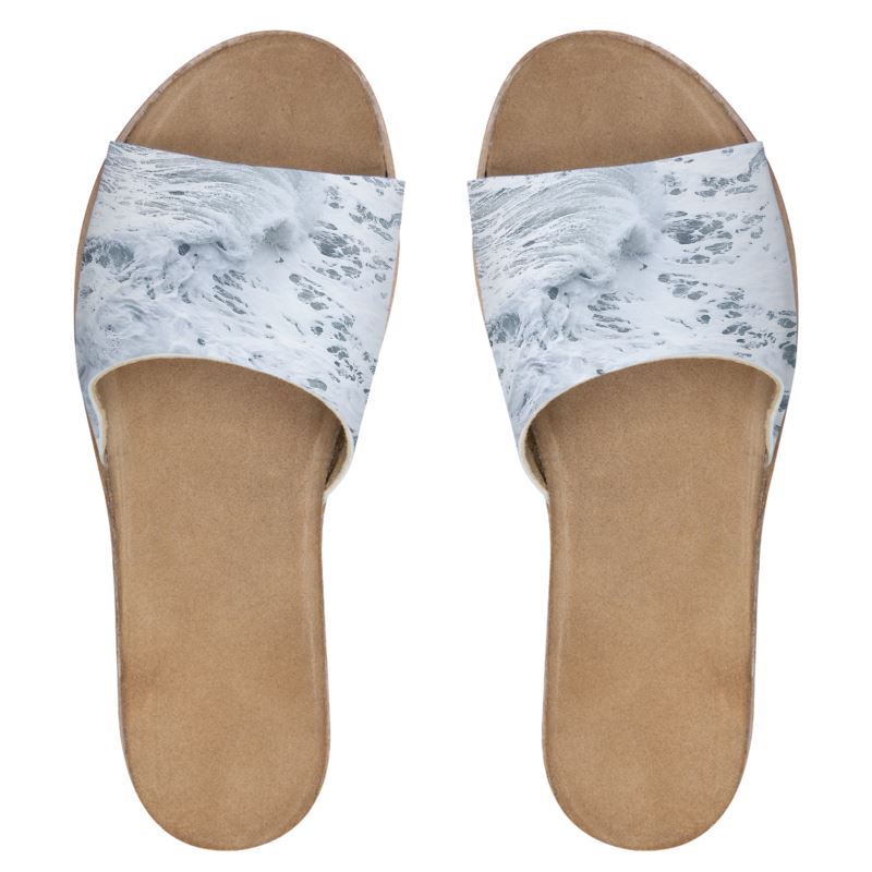 Ocean Sea - White & Grey Leather Band, Cork & Rubber Sole, Leather Suedette Insole, Women's Leather Sliders