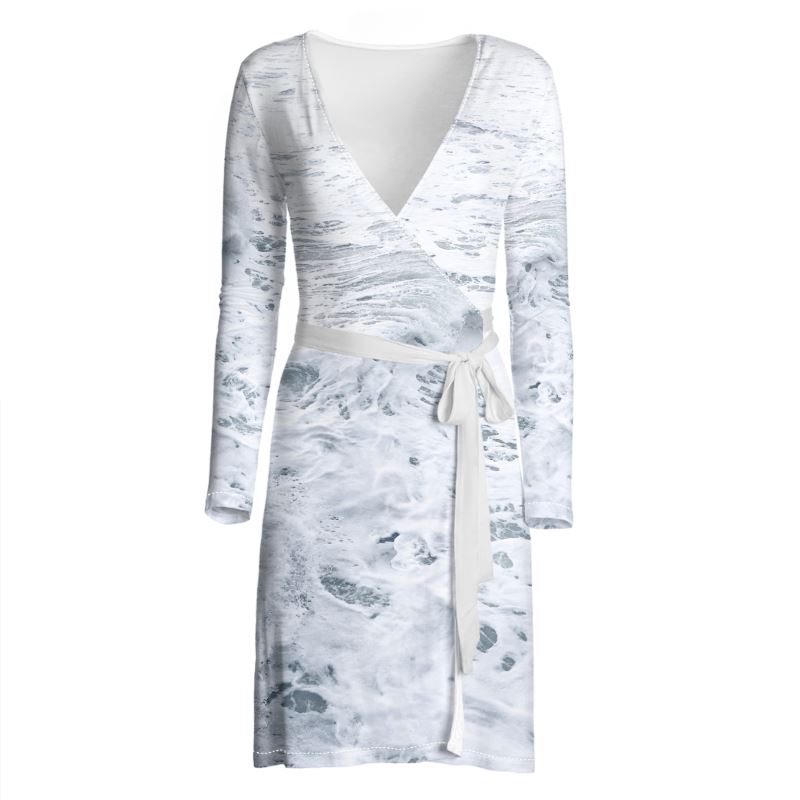 Ocean Sea - White & Grey Above Knee Wraparound Dress, V-Neck Long Sleeves, Wrap Dress