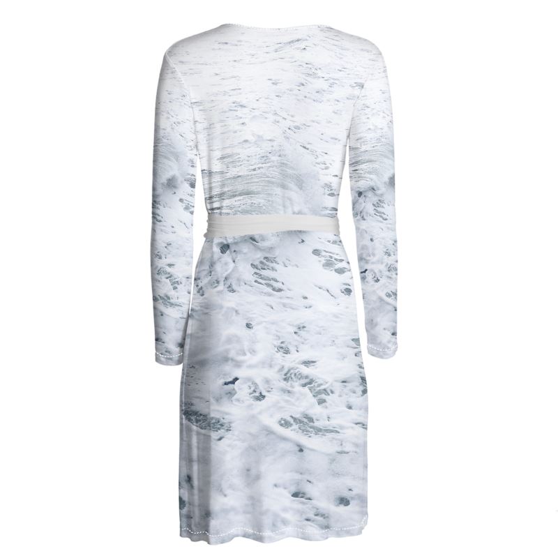 Ocean Sea - White & Grey Above Knee Wraparound Dress, V-Neck Long Sleeves, Wrap Dress