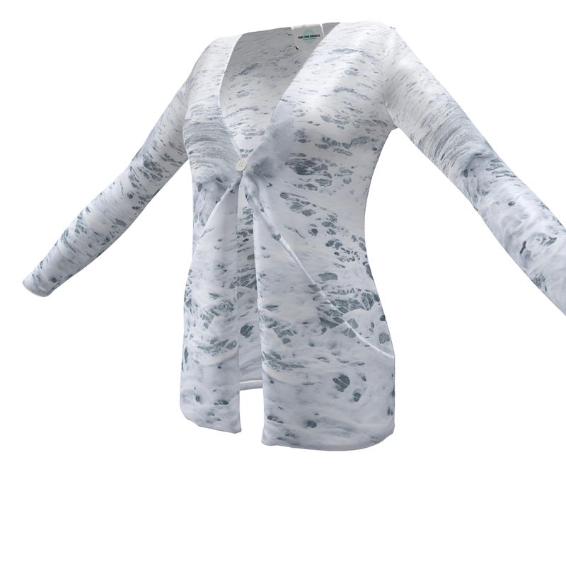 Ocean Sea - White & Grey Drop Pockets & Waterfall Front V-Neck, Long Sleeves, Single Button, Jersey Knit Fabric, Ladies Cardigan With Pockets