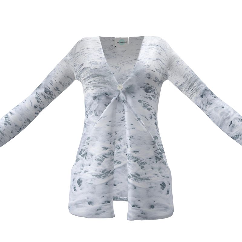 Ocean Sea - White & Grey Drop Pockets & Waterfall Front V-Neck, Long Sleeves, Single Button, Jersey Knit Fabric, Ladies Cardigan With Pockets