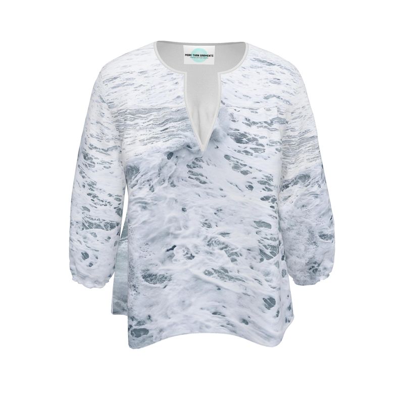 Ocean Sea - White & Grey Rounded Slot Neckline, 3/4 Length Elasticated Sleeves Women's Blouse