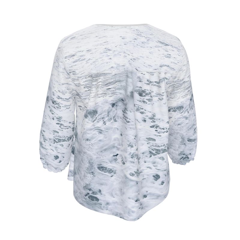 Ocean Sea - White & Grey Rounded Slot Neckline, 3/4 Length Elasticated Sleeves Women's Blouse