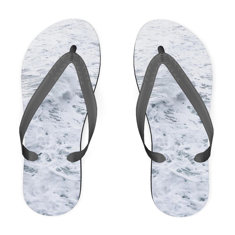 Ocean Sea - White & Grey Plastic Straps, Covered With Poly-Satin, Sturdy Foam Base Flip Flops