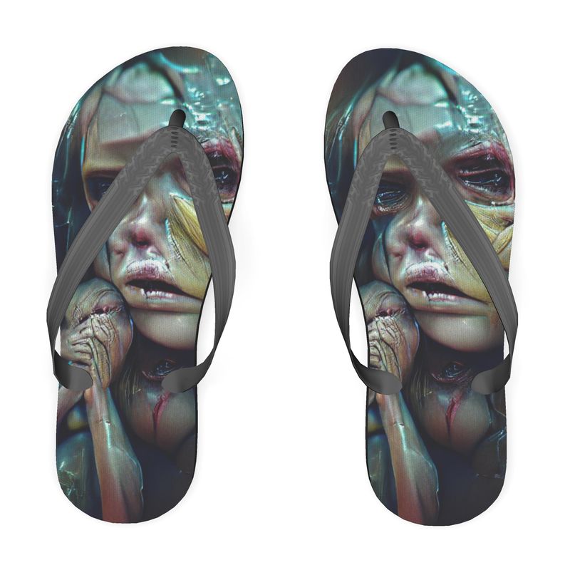 Vulnerable - Graphic Blue & Black Plastic Straps, Covered With Poly-Satin, Sturdy Foam Base Flip Flops