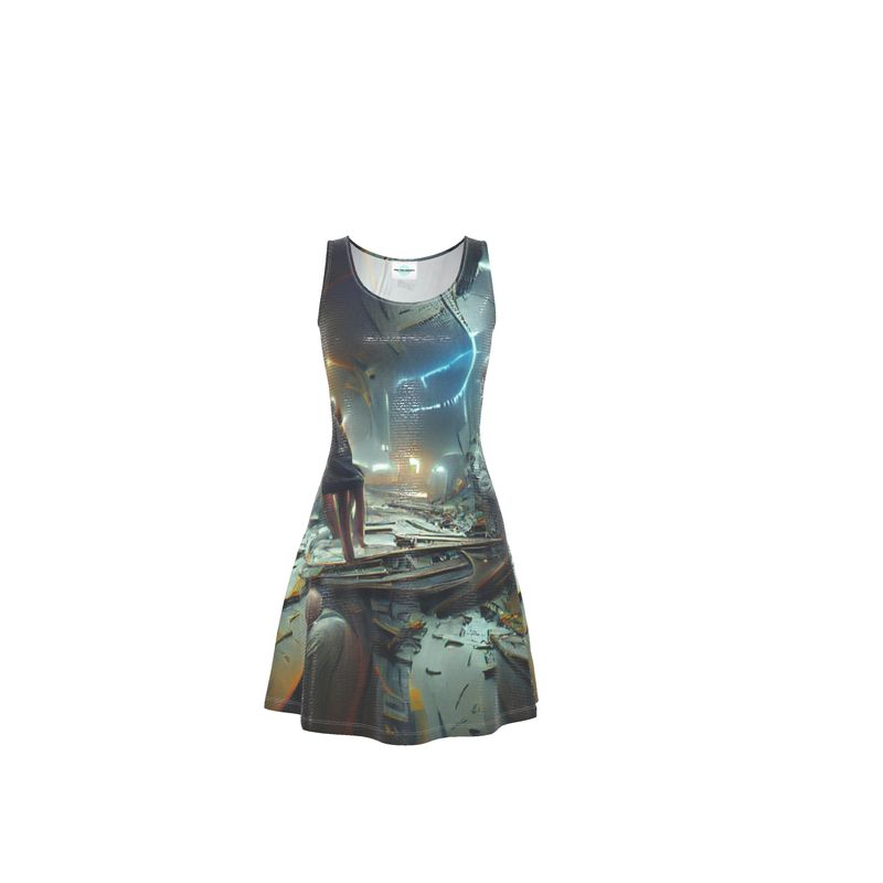 Uncertainty - Grey, Brown & Blue Crush Velour - Stretchy & Shimmery Chain Jersey - Lightweight & Breathable A-Line Skater Dress