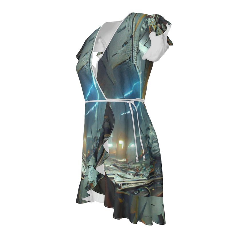 Uncertainty - Grey, Brown & Blue Flounce Hem & Armholes, Waist Tie, Wrap Design, Fashion Crepe Or Smooth Crepe Tea Dress