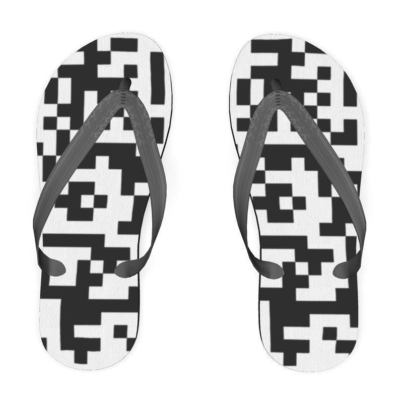 Barcode - Black & White Plastic Straps, Covered With Poly-Satin, Sturdy Foam Base Flip Flops