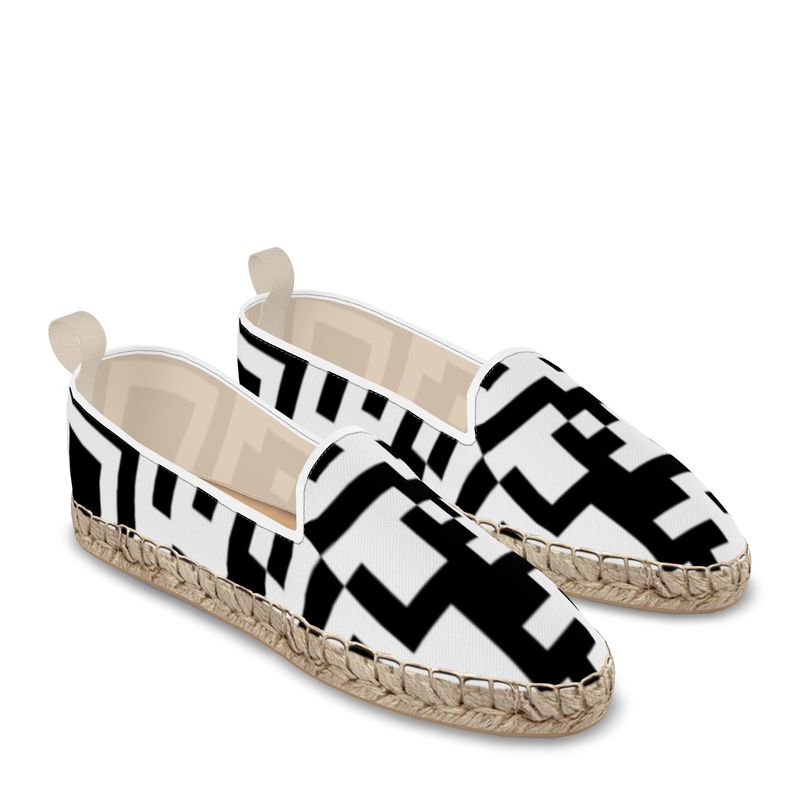 Barcode - Black & White  Fabric Or Jute Innersole, Flat Shoe, Rubberised Hard Wearing Sole, Loafer Espadrilles