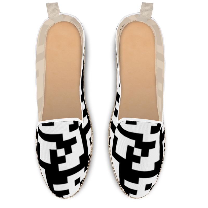 Barcode - Black & White  Fabric Or Jute Innersole, Flat Shoe, Rubberised Hard Wearing Sole, Loafer Espadrilles