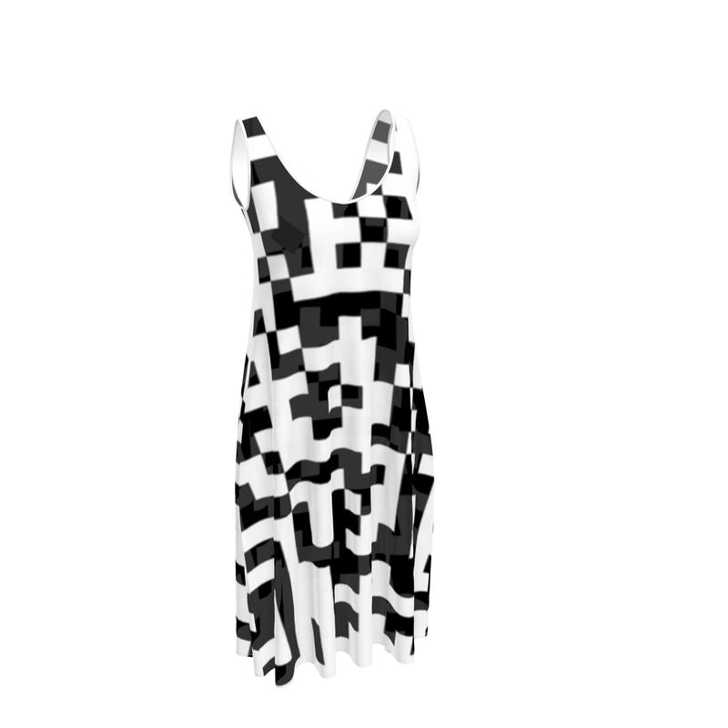 Barcode - Black & White Sleeveless Cut, Relaxed Fit, Midi Length, Lowcut Back Sleeveless Midi Dress