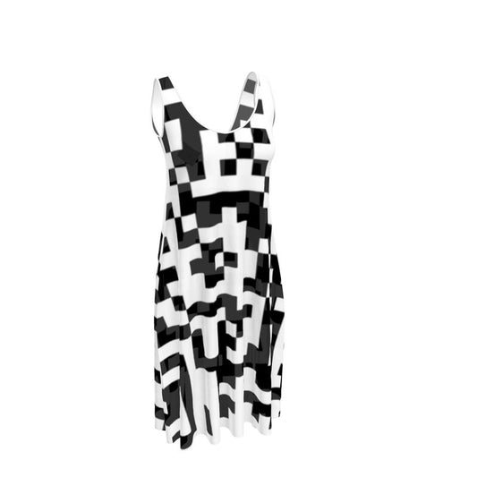 Barcode - Black & White Sleeveless Cut, Relaxed Fit, Midi Length, Lowcut Back Sleeveless Midi Dress