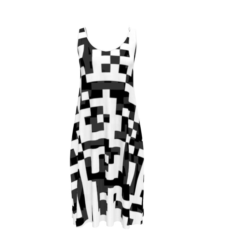 Barcode - Black & White Sleeveless Cut, Relaxed Fit, Midi Length, Lowcut Back Sleeveless Midi Dress