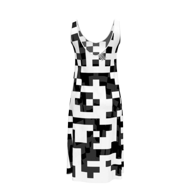 Barcode - Black & White Sleeveless Cut, Relaxed Fit, Midi Length, Lowcut Back Sleeveless Midi Dress