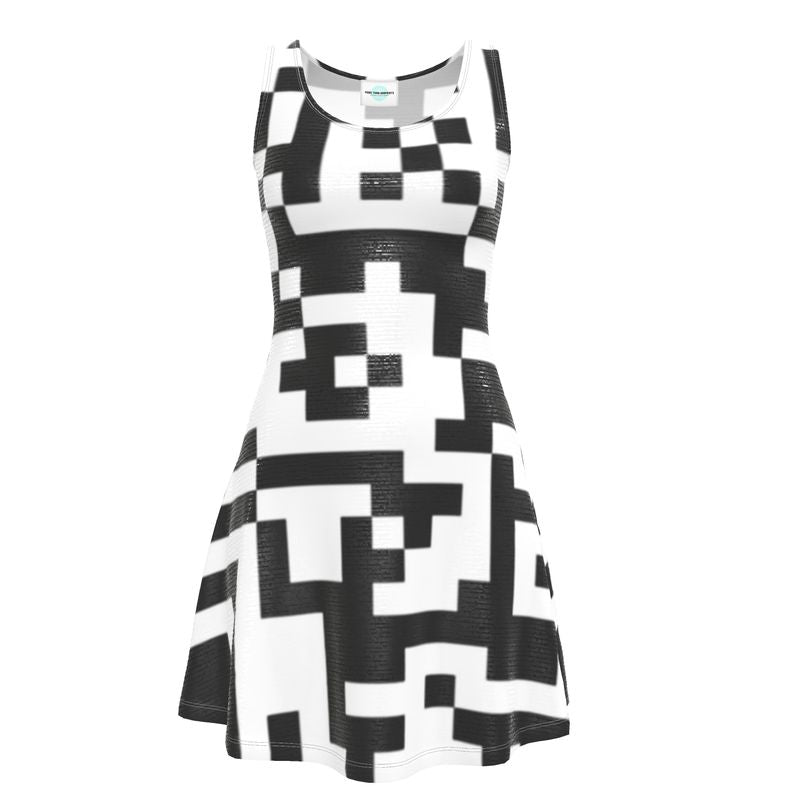 Barcode - Black & White Crush Velour - Stretchy & Shimmery Chain Jersey - Lightweight & Breathable A-Line Skater Dress