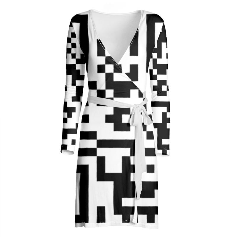 Barcode - Black & White Above Knee Wraparound Dress, V-Neck Long Sleeves, Wrap Dress