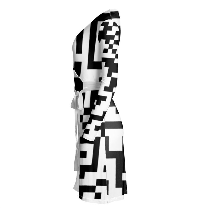 Barcode - Black & White Above Knee Wraparound Dress, V-Neck Long Sleeves, Wrap Dress