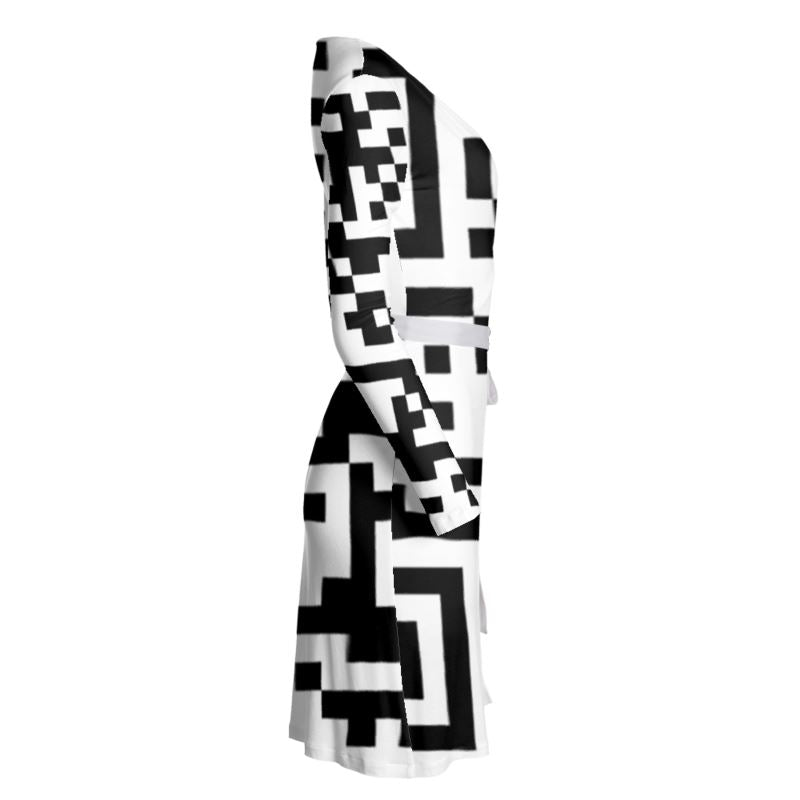 Barcode - Black & White Above Knee Wraparound Dress, V-Neck Long Sleeves, Wrap Dress