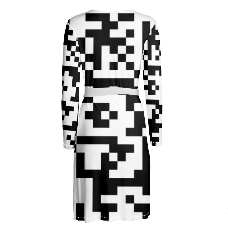 Barcode - Black & White Above Knee Wraparound Dress, V-Neck Long Sleeves, Wrap Dress