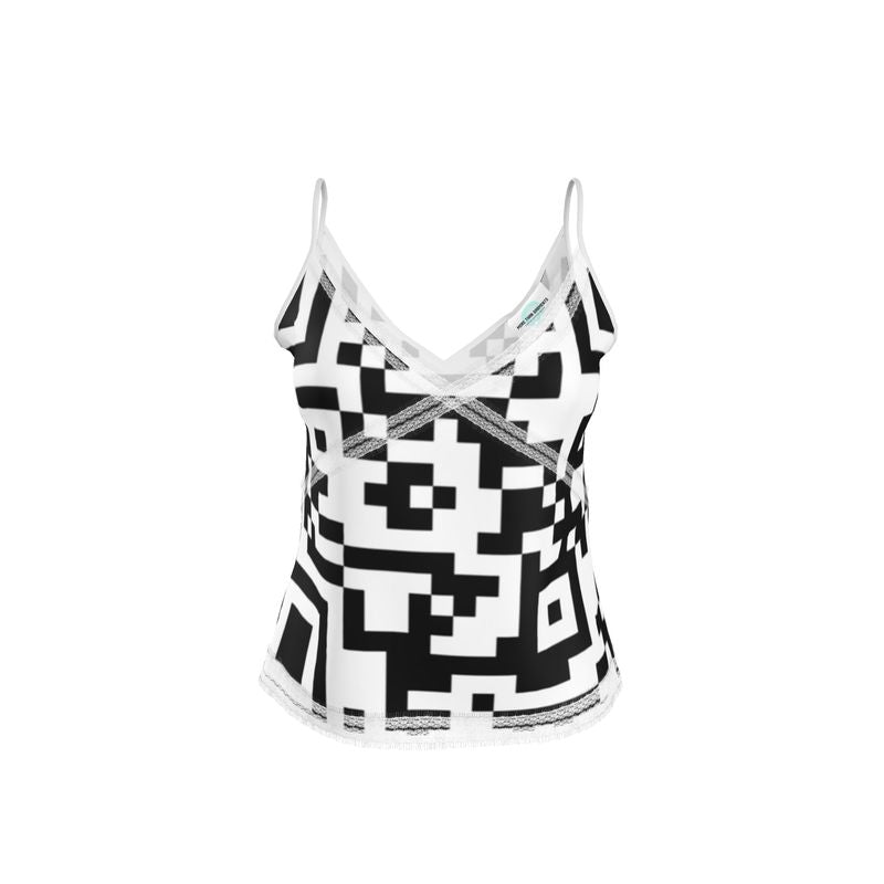 Barcode - Black & White V-Neck Front And Back Eyelash Lace Trim Cami