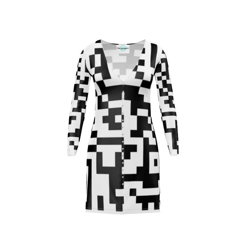 Barcode - Black & White V-Neck, Button Through Top To Bottom Ladies Cardigan