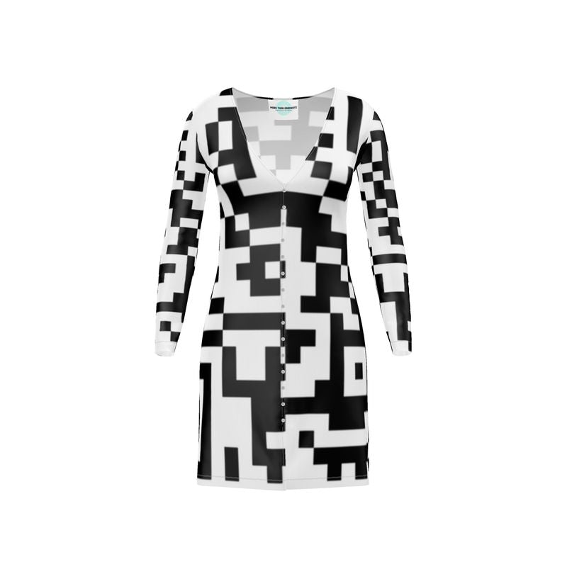 Barcode - Black & White V-Neck, Button Through Top To Bottom Ladies Cardigan