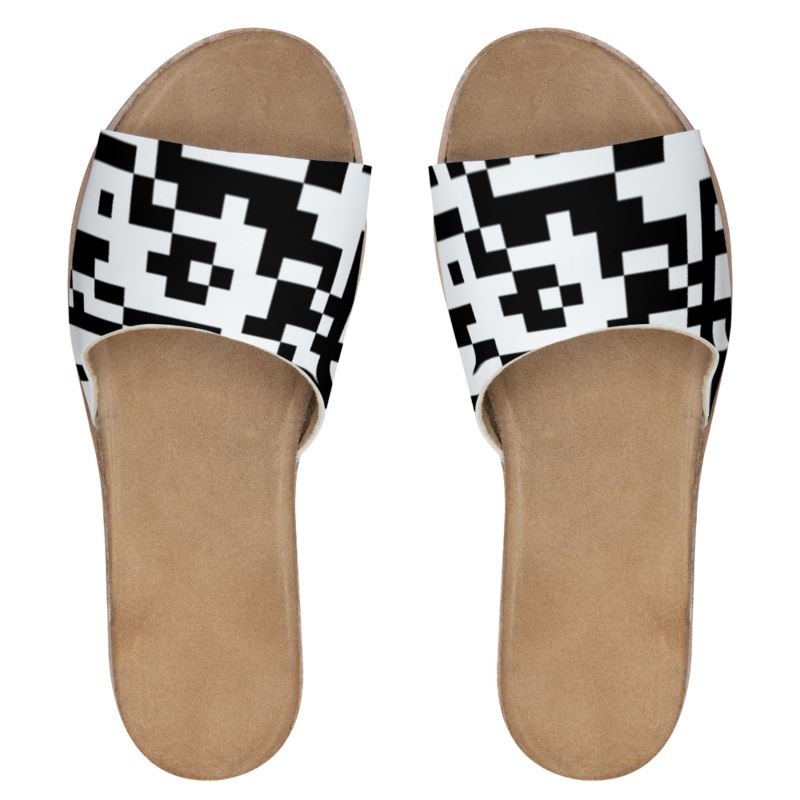 Barcode - Black & White Leather Band, Cork & Rubber Sole, Leather Suedette Insole, Women's Leather Sliders