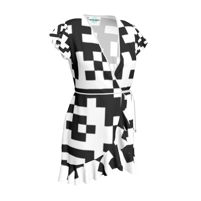 Barcode - Black & White Flounce Hem & Armholes, Waist Tie, Wrap Design, Fashion Crepe Or Smooth Crepe Tea Dress