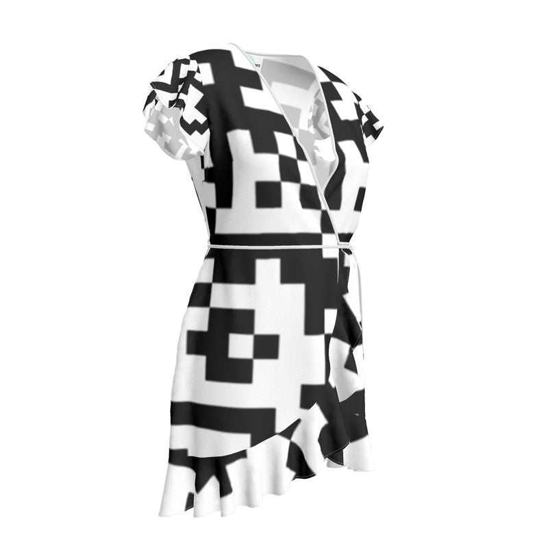 Barcode - Black & White Flounce Hem & Armholes, Waist Tie, Wrap Design, Fashion Crepe Or Smooth Crepe Tea Dress