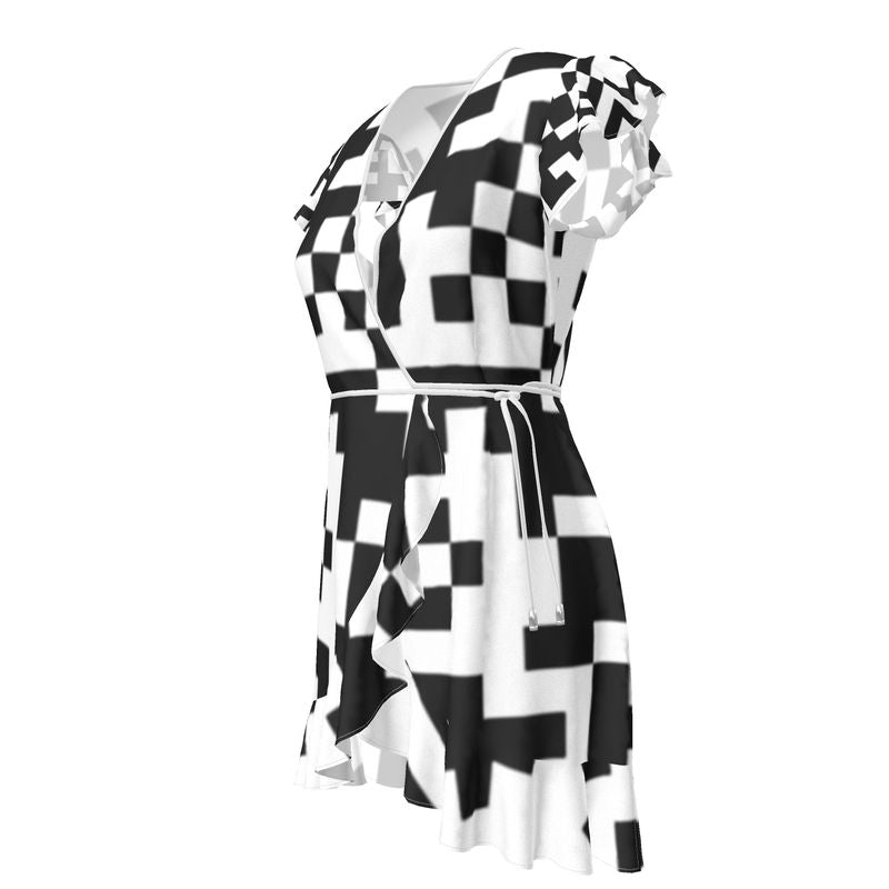 Barcode - Black & White Flounce Hem & Armholes, Waist Tie, Wrap Design, Fashion Crepe Or Smooth Crepe Tea Dress