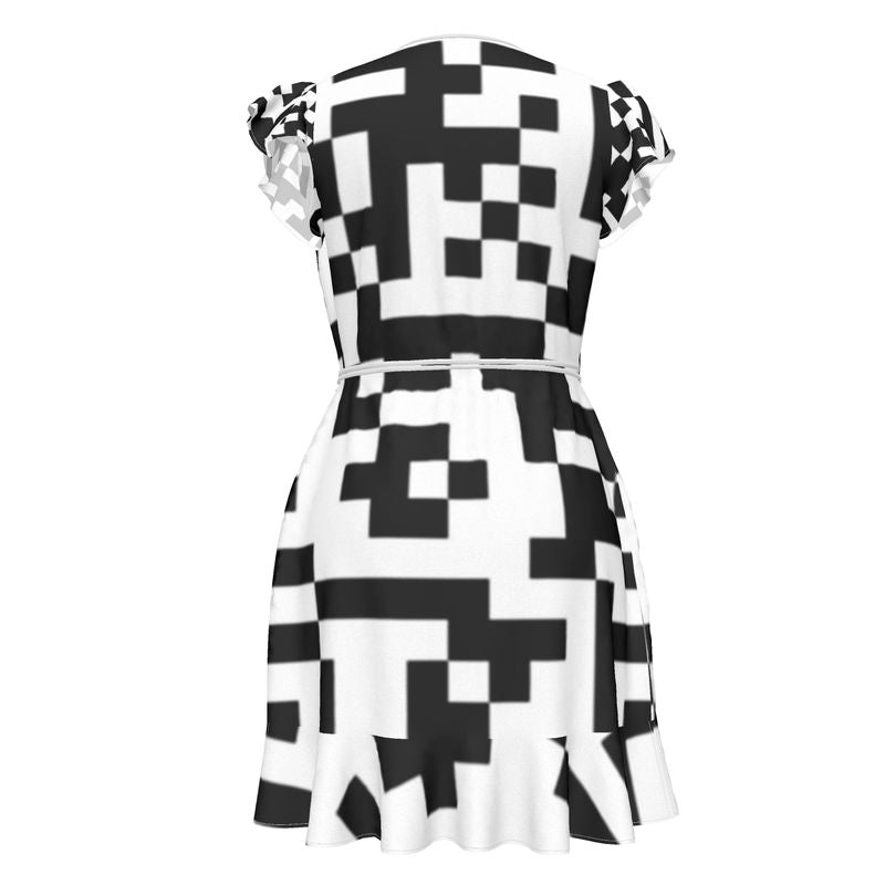 Barcode - Black & White Flounce Hem & Armholes, Waist Tie, Wrap Design, Fashion Crepe Or Smooth Crepe Tea Dress