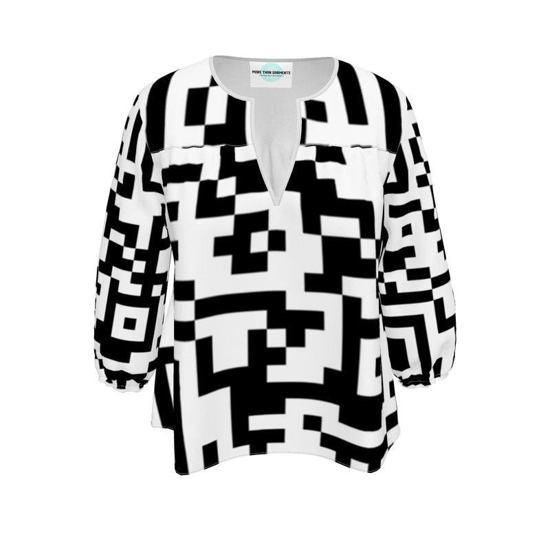 Barcode - Black & White Rounded Slot Neckline, 3/4 Length Elasticated Sleeves Women's Blouse