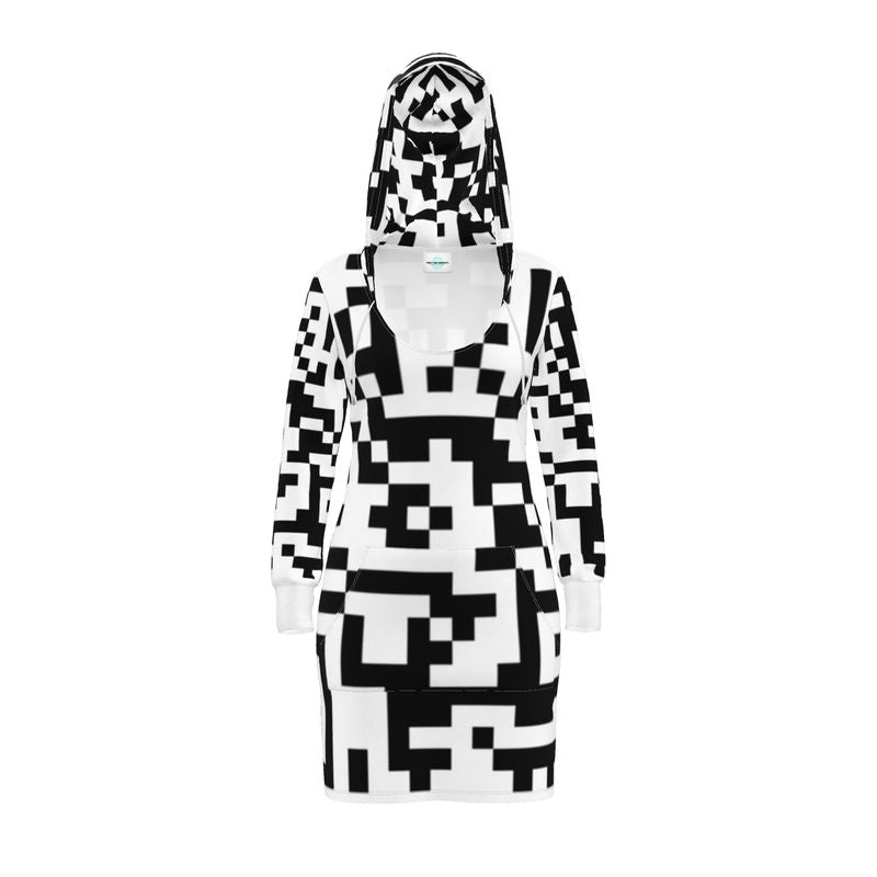 Barcode - Black & White Kangaroo Front Pocket, Mini Dress With Long Sleeves, Hooded Dress With Drawstring, Rox Sports Or Ponte Jersey Hoodie Dress