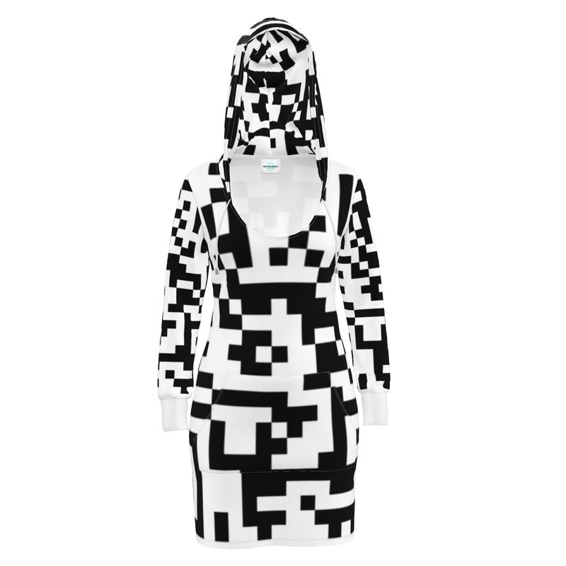 Barcode - Black & White Kangaroo Front Pocket, Mini Dress With Long Sleeves, Hooded Dress With Drawstring, Rox Sports Or Ponte Jersey Hoodie Dress