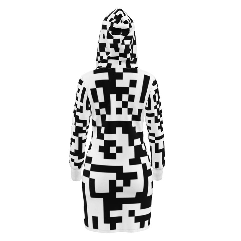 Barcode - Black & White Kangaroo Front Pocket, Mini Dress With Long Sleeves, Hooded Dress With Drawstring, Rox Sports Or Ponte Jersey Hoodie Dress