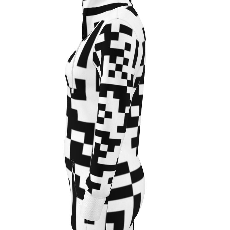 Barcode - Black & White Kangaroo Front Pocket, Mini Dress With Long Sleeves, Hooded Dress With Drawstring, Rox Sports Or Ponte Jersey Hoodie Dress