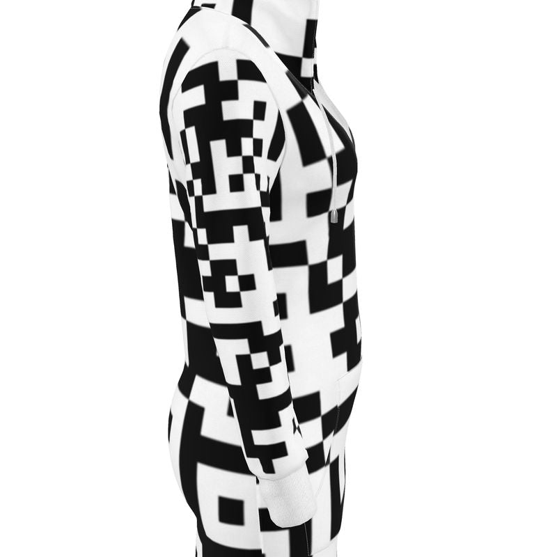 Barcode - Black & White Kangaroo Front Pocket, Mini Dress With Long Sleeves, Hooded Dress With Drawstring, Rox Sports Or Ponte Jersey Hoodie Dress