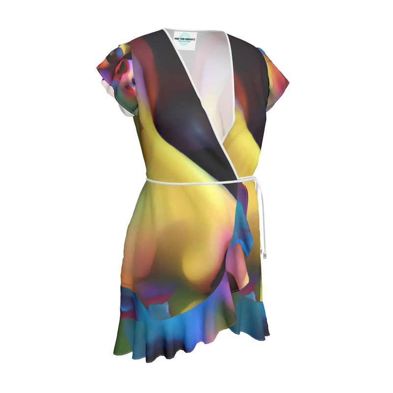 Pleasure Remix 2 - Yellow, Red & Blue Flounce Hem & Armholes, Waist Tie, Wrap Design, Fashion Crepe Or Smooth Crepe Tea Dress