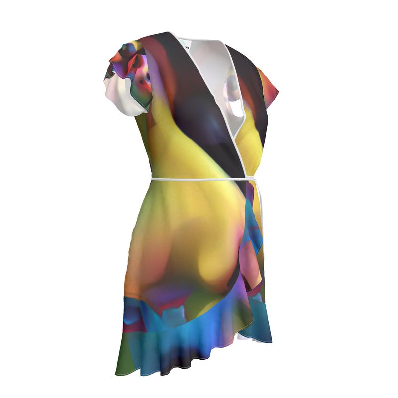 Pleasure Remix 2 - Yellow, Red & Blue Flounce Hem & Armholes, Waist Tie, Wrap Design, Fashion Crepe Or Smooth Crepe Tea Dress