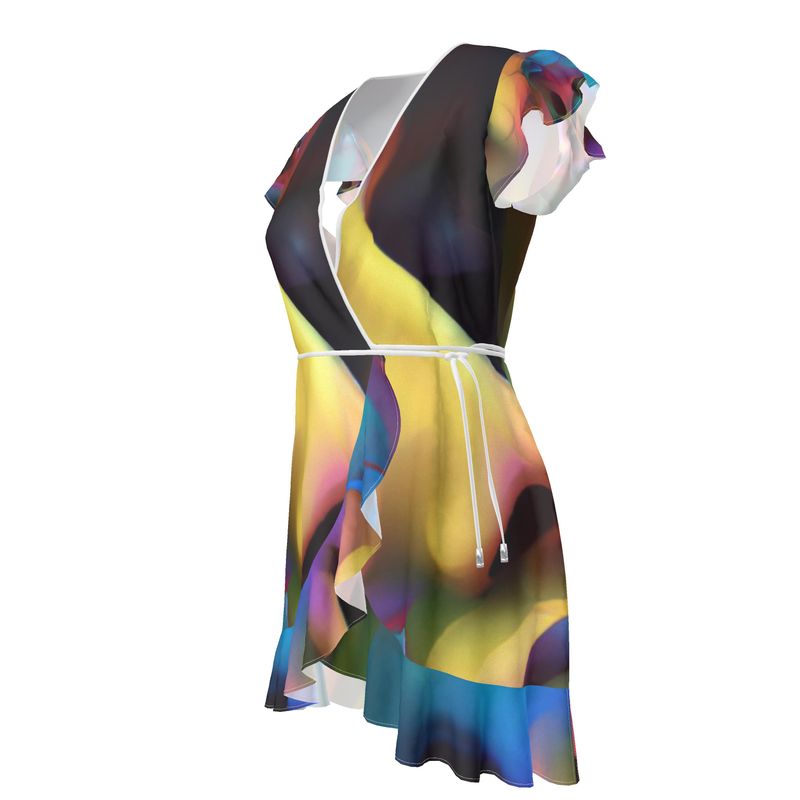 Pleasure Remix 2 - Yellow, Red & Blue Flounce Hem & Armholes, Waist Tie, Wrap Design, Fashion Crepe Or Smooth Crepe Tea Dress