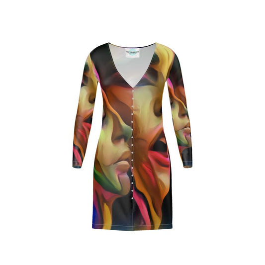 Pleasure Remix 2 - Yellow, Red & Blue V-Neck, Button Through Top To Bottom Ladies Cardigan