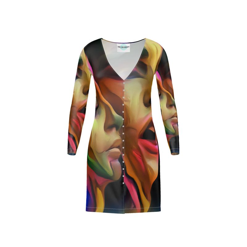 Pleasure Remix 2 - Yellow, Red & Blue V-Neck, Button Through Top To Bottom Ladies Cardigan