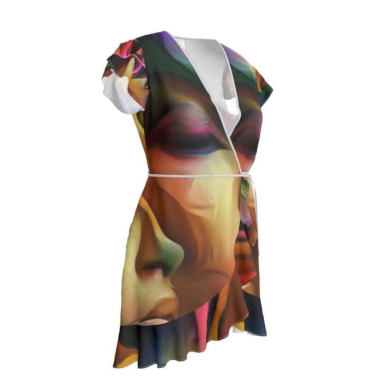 Pleasure Remix 3 - Blue and Orange Flounce Hem & Armholes, Waist Tie, Wrap Design, Fashion Crepe Or Smooth Crepe Tea Dress